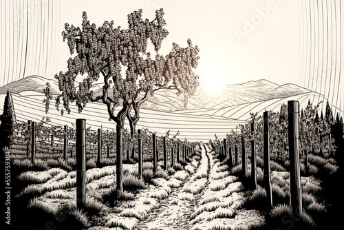 design of a vineyard landscape in form. a drawing made by hand. Generative AI