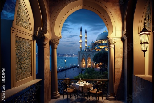 Turkish patio overlooking the Bosphorus and mosques. Balcony with columns and traditional Turkish decor, lanterns, oriental ornaments. AI photo