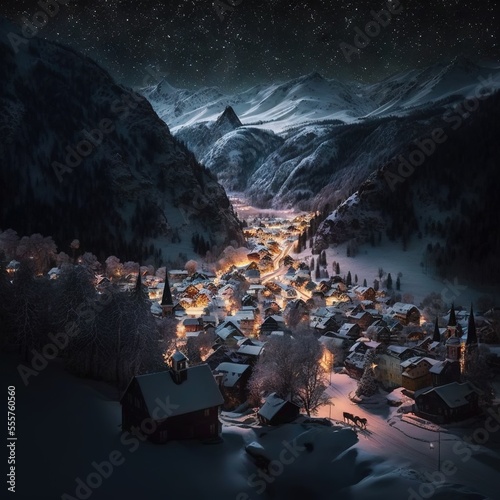 Snowy mountain village at night with mountain in background