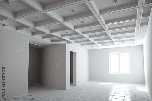 drywall construction and suspended ceiling in an unoccupied room in an apartment or home. White ceiling that extends in a complicated form. Generative AI photo