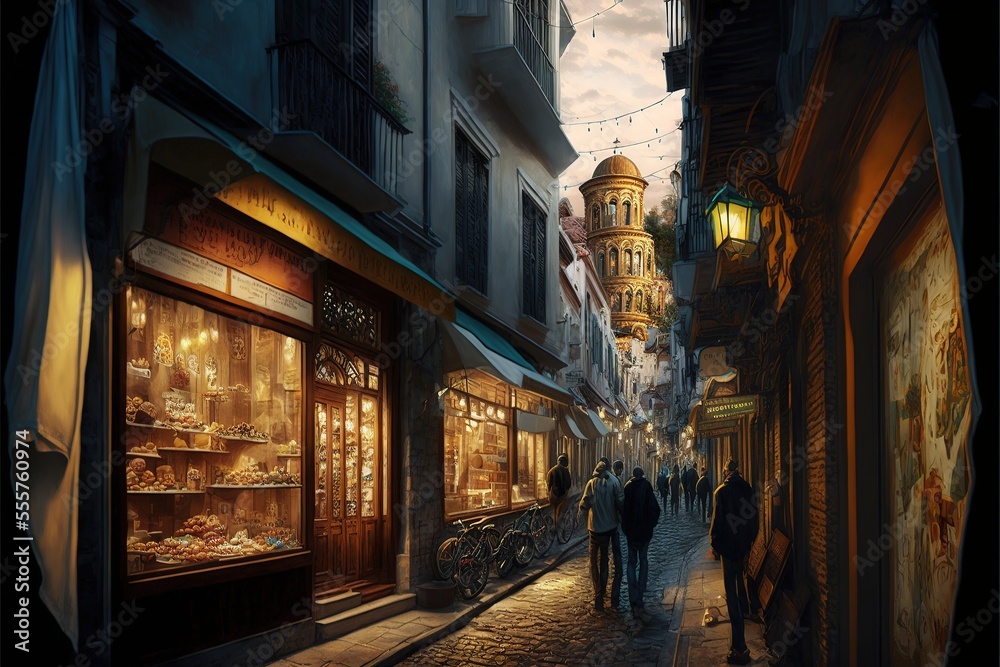 A narrow street in Istanbul with shops and a coffee shop overlooking the Galata Tower. Turkish traditional old view of Istanbul. AI