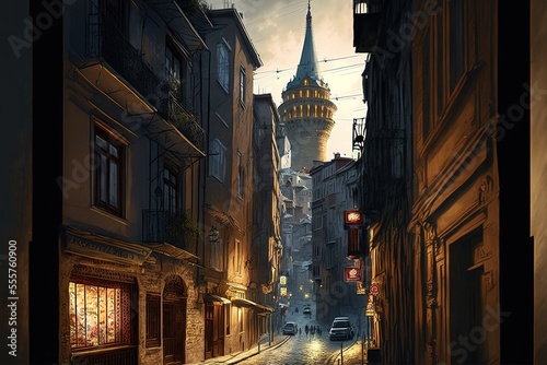 A narrow street in Istanbul with shops and a coffee shop overlooking the Galata Tower. Turkish traditional old view of Istanbul. AI