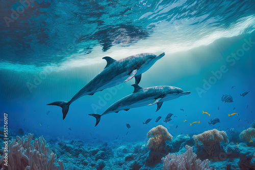 Dolphins swimming in the red sea's crystal clear, blue waters. Generative AI © 2rogan