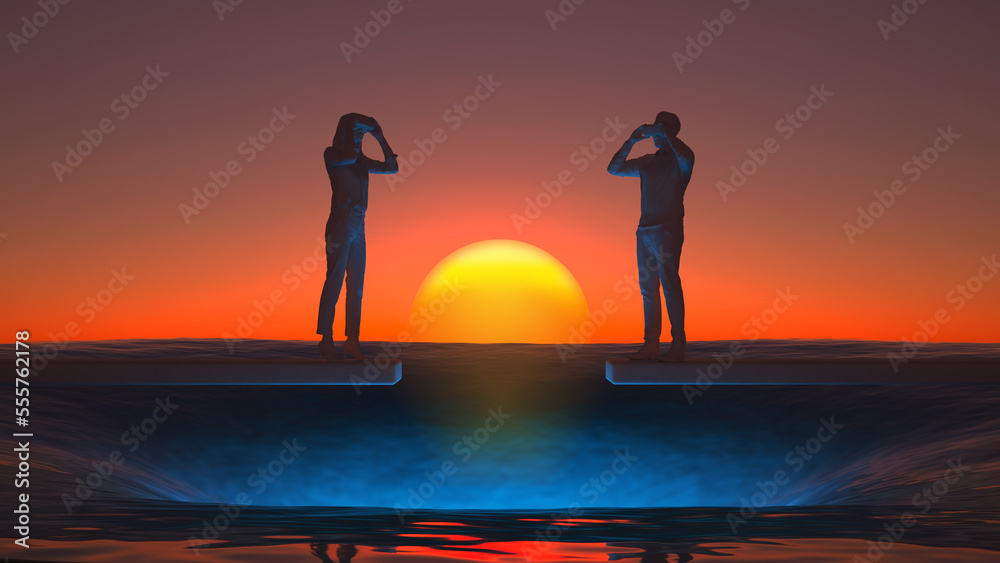 Fototapeta premium abyss figures of man and woman in virtual helmets at sunset