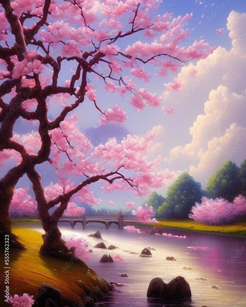 Spring landscape of cherry blossoms, sakura, petals fall