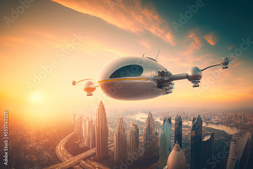 Conceptual image of a driverless autonomous aircraft flying above a metropolis in the future using 5G technology. Generative AI