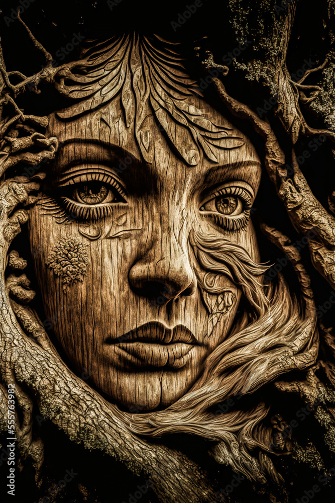 Wooden sculpture of a mystical woman, evoking rich Roman or Celtic mythology. Powerful image of mystery and eternity, ideal for illustrating enchanted forests.