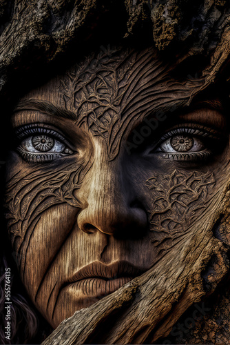 Face evoking the ancient mythology carved in a magical and millenary tree trunk. Empty of subtle emotions, this shot embodies the mysticism of the forests and the eternity of the gods. photo