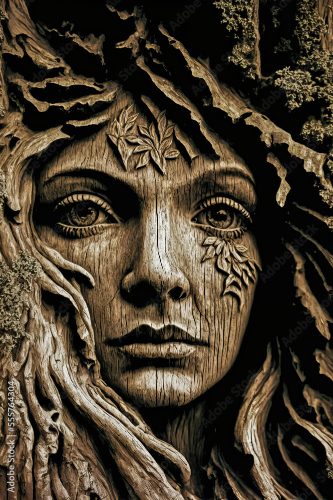 A mystical woman carved in millennial wood, evoking ancient mythology. A magical trunk that symbolizes the mysticism of the forests and the eternity of the gods.