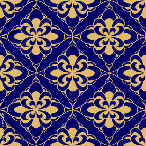 seamless symmetrical pattern of golden abstract geometric shapes on a blue background, texture