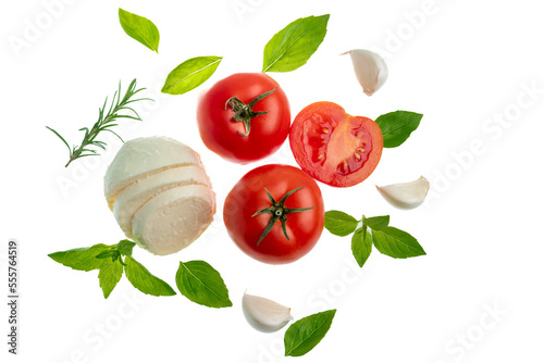 Fototapeta Naklejka Na Ścianę i Meble -  Italian caprese salad ingredients: tomato, mozzarella, basil, garlic, rosemary lie on a white background top view