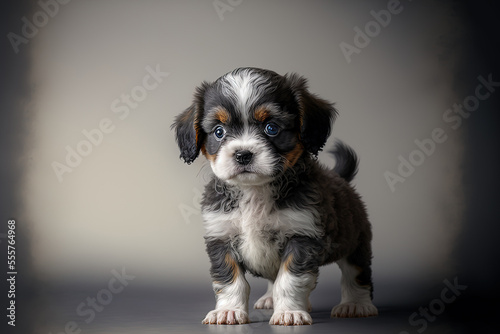 Cute and little puppy standing joyfully on a gray backdrop. Generative AI