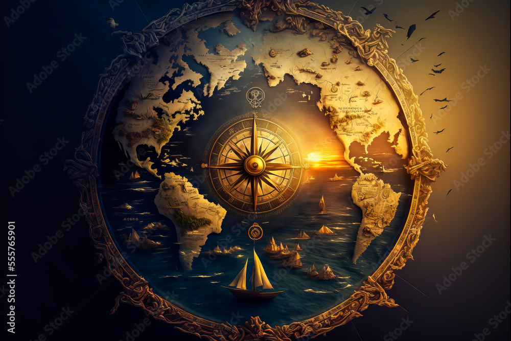 Fototapeta premium An ancient world map combining elegance and erudition, this image offers a view of a sunset over the ocean perfect to enrich any design. In an antique compass.