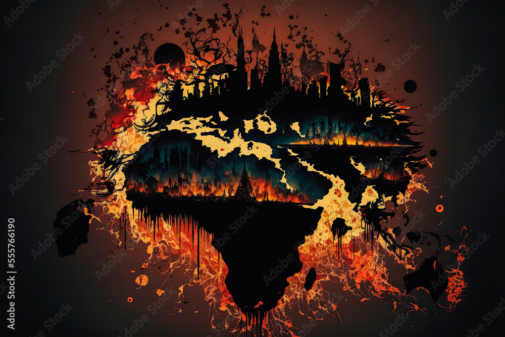 An illustration of the apocalypse seen from space with an explosion of ...