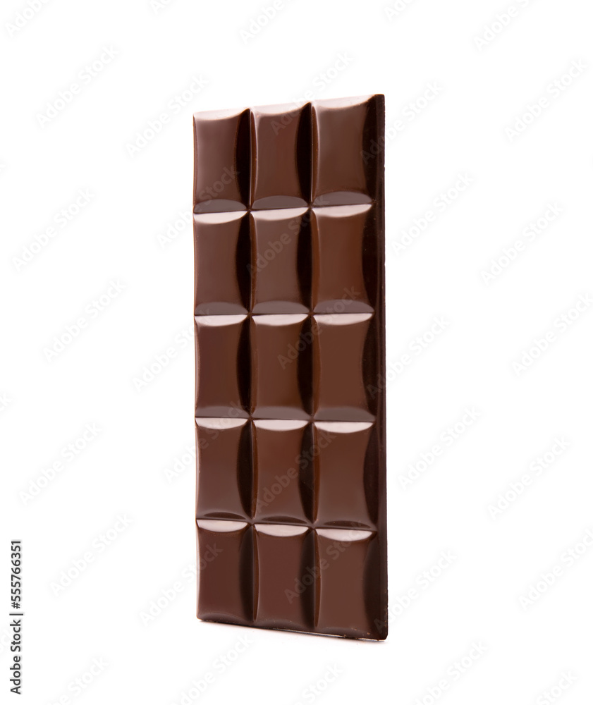 Dark chocolate bar isolated on white background.