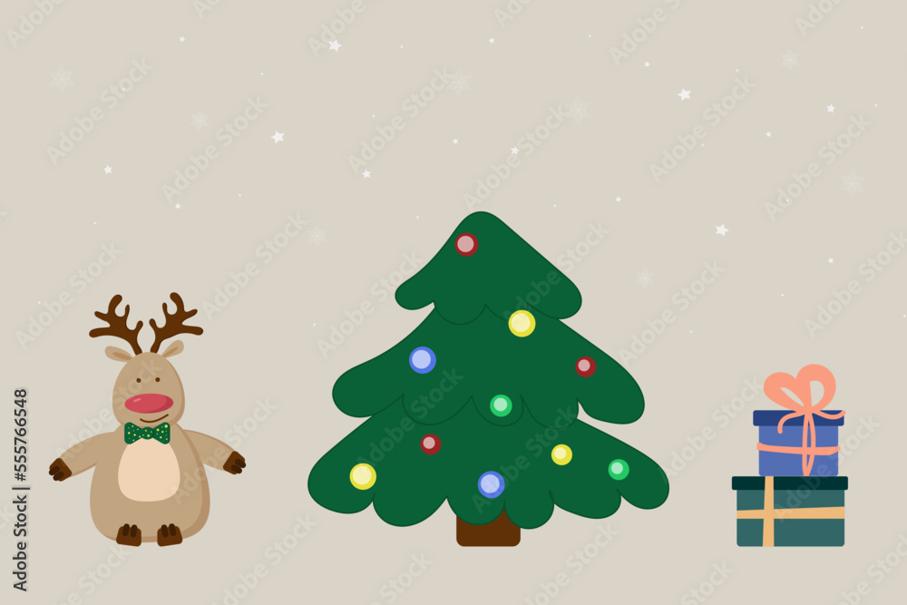 Set with Christmas tree, cute reindeer with butterfly and gifts in minimalist style on beige background with snowflakes. Postcard, decoration, print. Vector. Set with Christmas tree, cute reindeer with butterfly and gifts in minimalist style on beige background with snowflakes. Postcard, decoration, print. Vector.