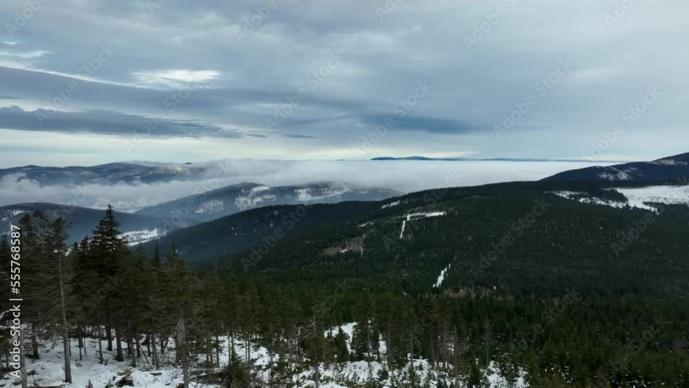 Czarna gora mountain and hills covered with snow. Cinematic drone flight Czarna gora mountain and hills covered with snow. Cinematic drone flight
