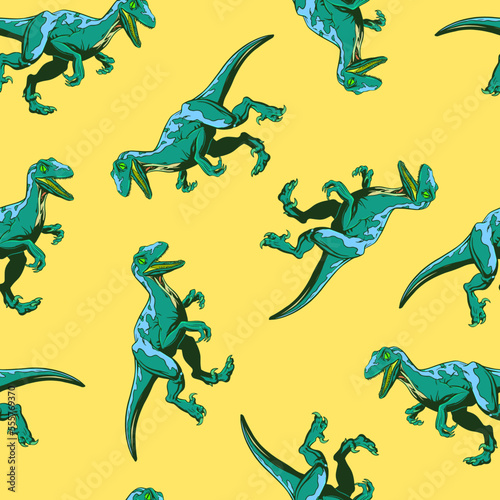 Bright pattern of raptors on a yellow background in the style of hand-drawn for printing and design. Vector illustration.