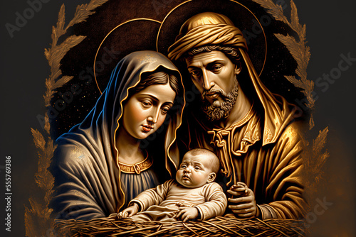 Fotografie, Obraz Christmas banner or poster featuring Mary and Joseph and the infant Jesus in the manger