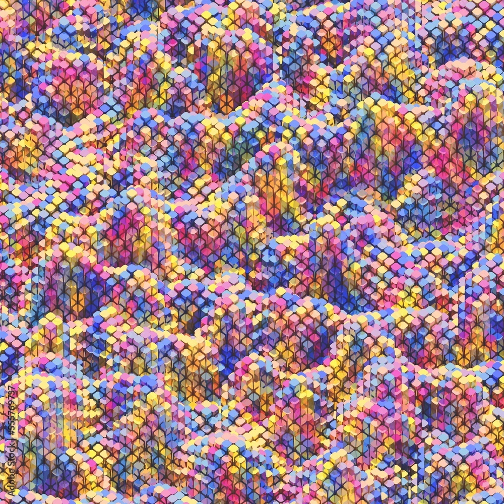waves of multi-colored cubes and metals