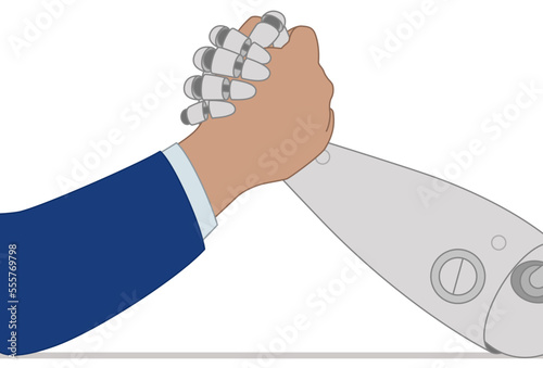 business man and robot, arm wrestling closeup view, isolated on white background