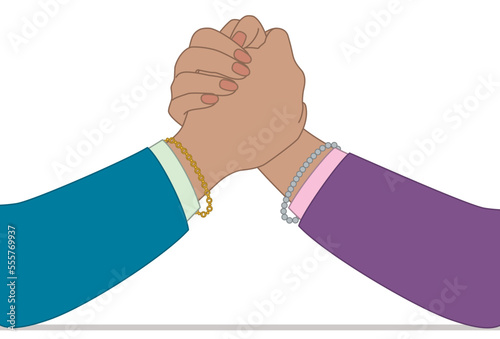 business women arm wrestling, closeup view, isolated on white background