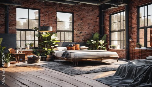Bedroom with a loft-style atmosphere and brick walls. The room is spacious and open, with high ceilings and large windows that allow natural light to flood in.