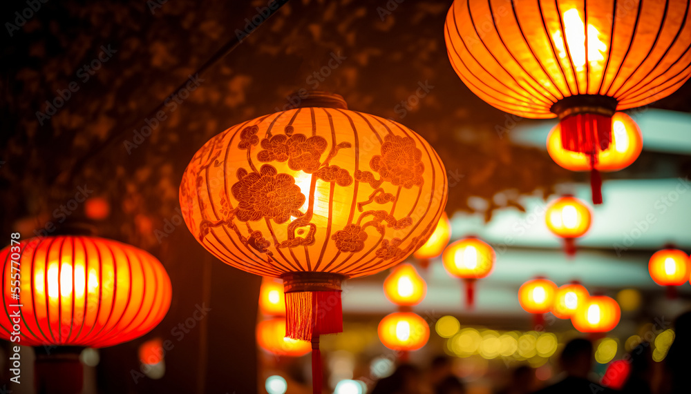 Chinese red lantern in the night of Chinese New Year of happiness. Chinese lanterns during new year festival.