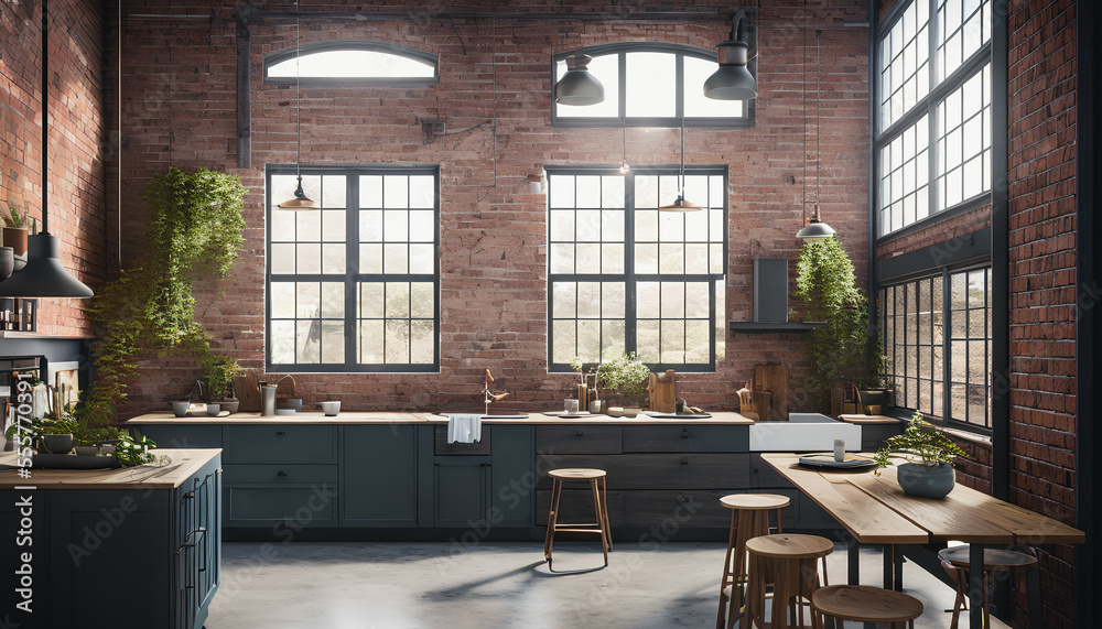 View of Kitchen in the loft style, characterized by an open and spacious layout ...