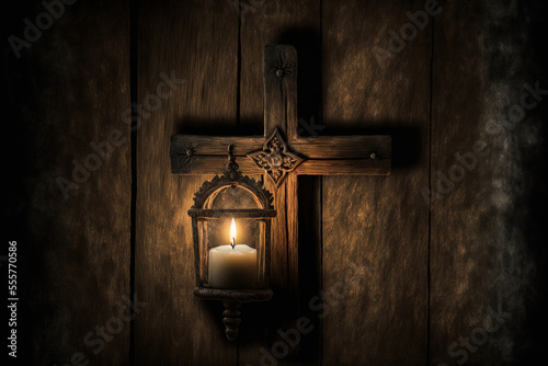 Church candlelight with a lit candle, a cross or crucifix, and an aged wooden backdrop. Generative AI