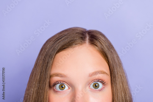 Close up cropped photo of shocked surprised lady girl look big eyes impressed low prices isolated on purple color background