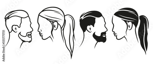 Vector minimal logo icon of man and woman, man head woman head, hair, hairstyle - side - Barbershop logo	
