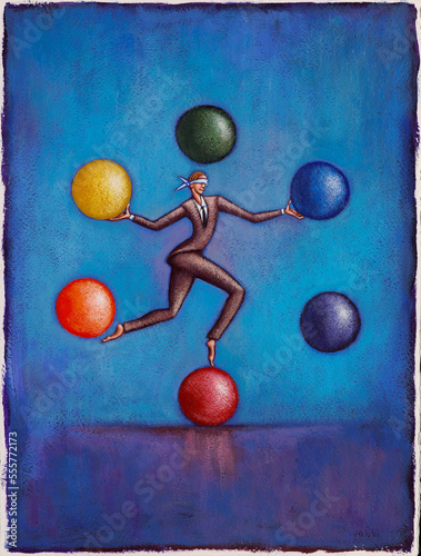 Illustration of Businessman Balancing and Juggling Balls, while Blindfolded