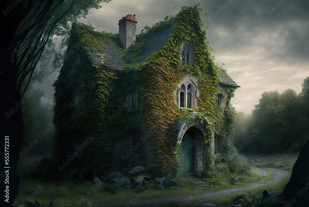A stone house covered in ivy Generative AI
