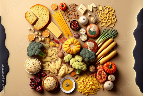 carbohydrates rich foods. wholesome food a top view. Generative AI