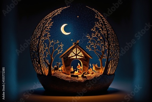 Nativity scene. Christian Christmas concept. Birth of Jesus Christ. Wooden manger in dark blue night. Banner, copy space. Jesus is reason for season. Salvation, Messiah, Emmanuel, God with us, hope photo