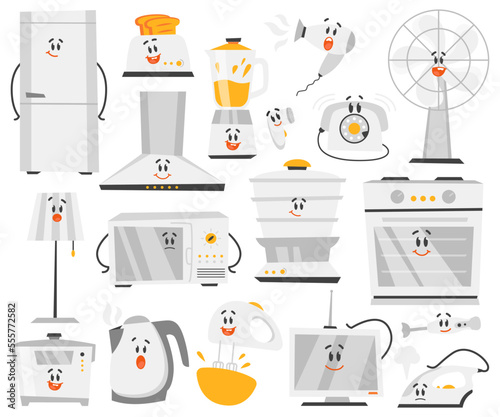 Cartoon household appliances flat icons set. Electrical steel kitchen utensil. Microwave oven, toaster, fridge