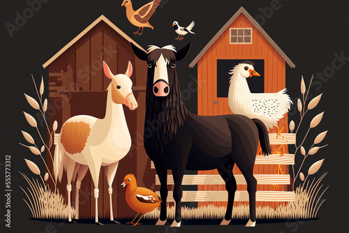charming farm animals flat illustration. Generative AI