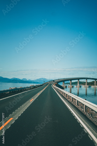 Bridge in Norway over a fjord on a beauitful day with blue sky