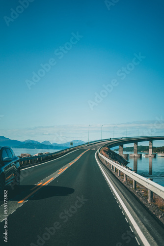 Bridge in Norway over a fjord on a beauitful day with blue sky