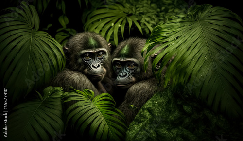 Male and female chimpanzees huddle in the jungle among tropical leaves © Viks_jin