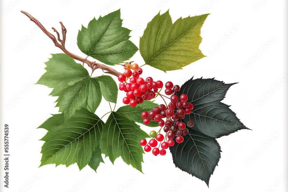 Berries and leaves of a Guelder Rose or Viburnum Opulus plant isolated on a white background. Generative AI Berries and leaves of a Guelder Rose or Viburnum Opulus plant isolated on a white background. Generative AI