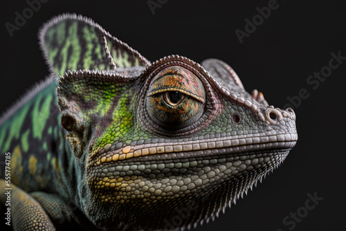 Black backdrop and close up of a Fischer chameleon chameleon closeup by fischer. Generative AI