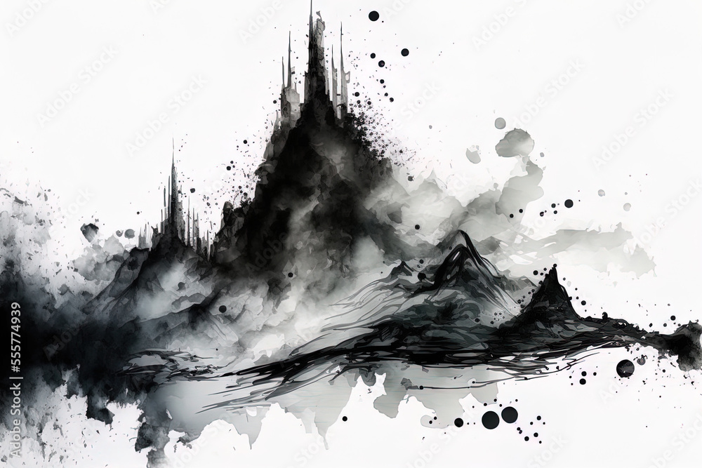 Fototapeta premium Black and gray ink smudges in watercolor on a white background. Generative AI