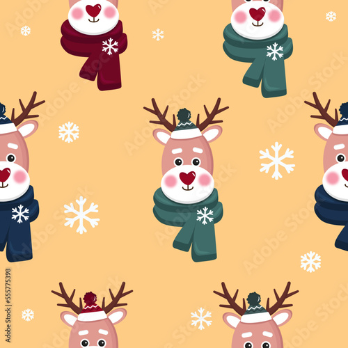 yellow seamless pattern with christmas faces deers with red green blue scarf