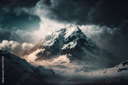 Beautiful snow covered mountain in foggy weather, surrounded by clouds. Generative AI