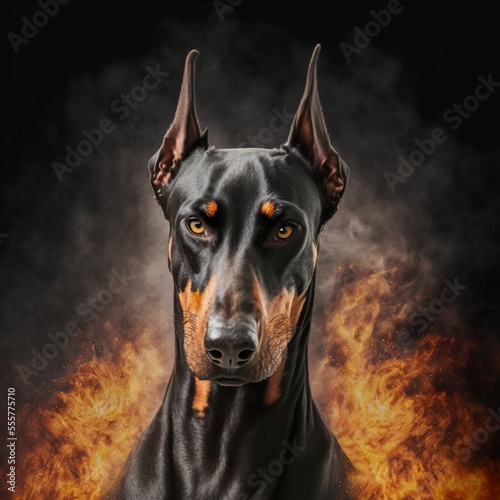 Doberman on the background of explosions and fire - Generative AI