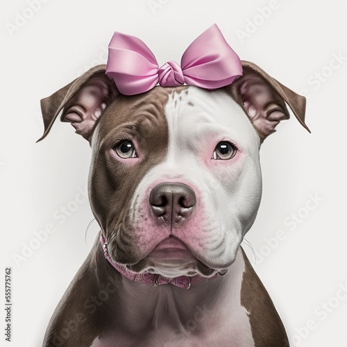 portrait of an cute stafford with a pink bow - Generative AI