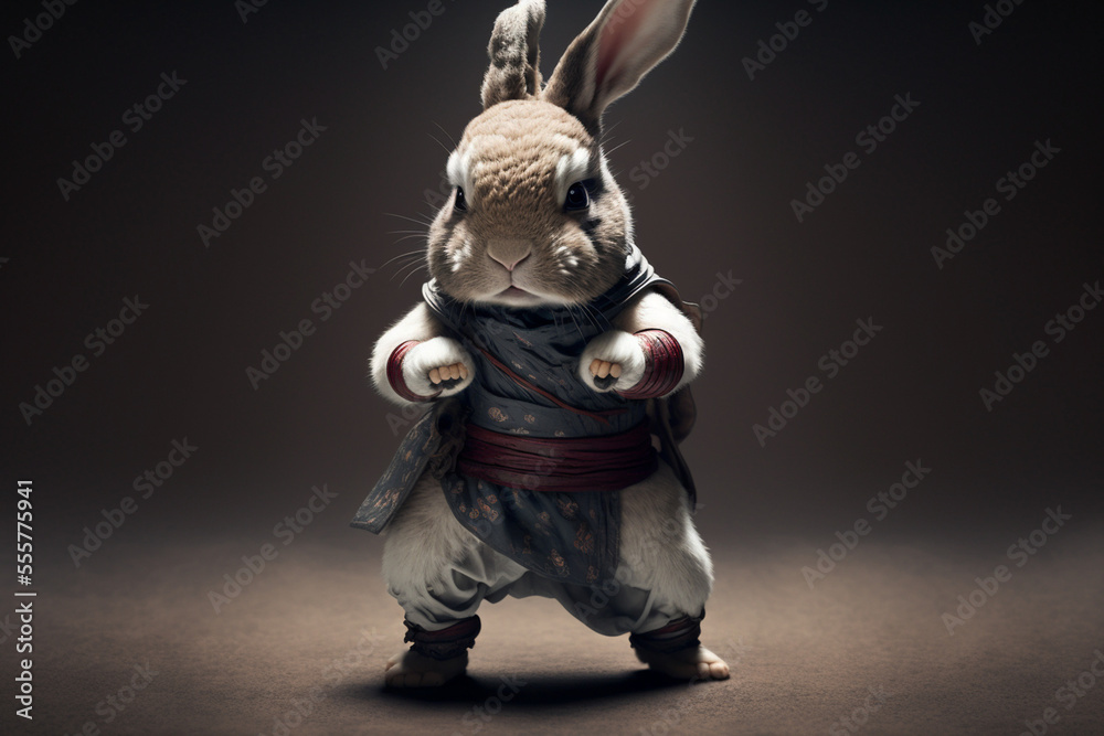 fierce little bunny showing off his martial arts moves, chinese new year 2023, year of the rabbit, Generative AI fierce little bunny showing off his martial arts moves, chinese new year 2023, year of the rabbit, Generative AI
