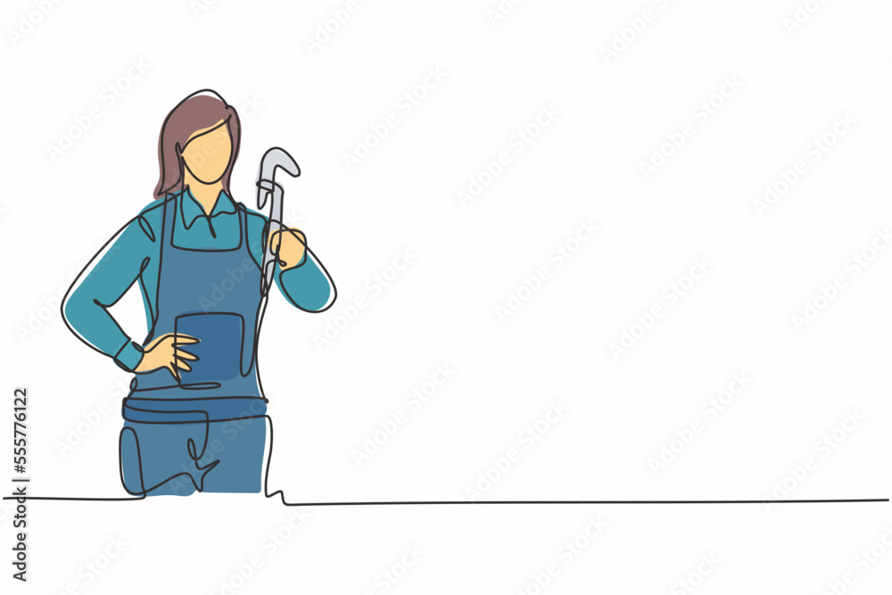 Single one line drawing of young beauty female plumber posing with hands on hip. Professional work profession and occupation minimal concept. Continuous line draw design graphic vector illustration Single one line drawing of young beauty female plumber posing with hands on hip. Professional work profession and occupation minimal concept. Continuous line draw design graphic vector illustration